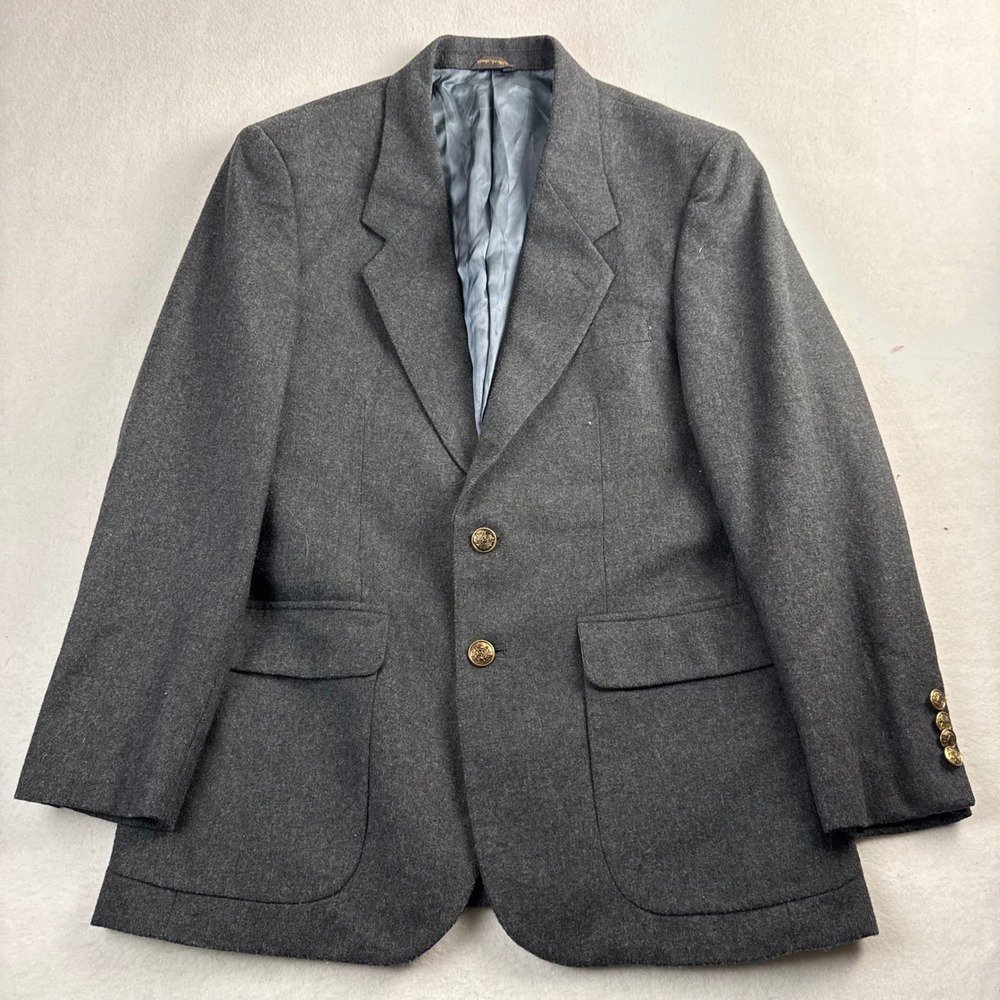 Ardsley Mens Gray Wool Blend Blazer Sport Coat Gold Crest Buttons 40S Charcoal